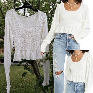 FREE PEOPLE Free Spirit Smocked Bust Blouse with Draped Sleeves, White - Sz L